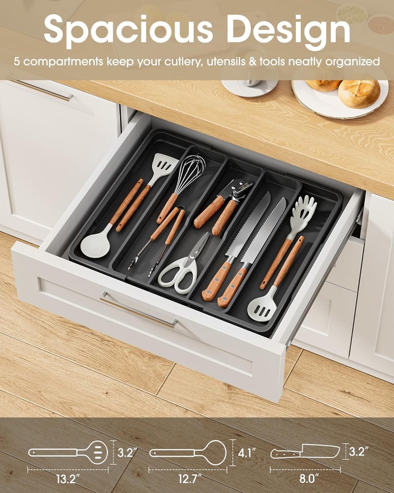 AUJEN Silverware Organizer - Expandable Kitchen Drawer Organizer, Adjustable Utensil Organizer, Cutlery Tray for Forks, Knives, Multipurpose Kitchen Organizers and Storage Solution, Black, X-Large - Image 2
